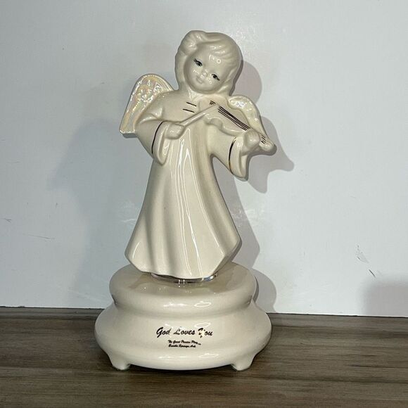 Vintage Angel Music Box Plays Gather At The River White God Loves You Inscribed - Picture 1 of 15
